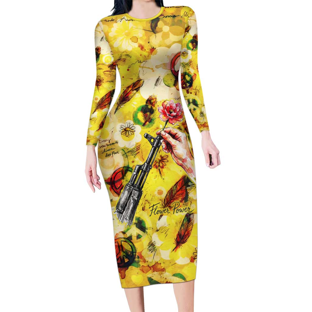 Make Love Not War Long Sleeve Bodycon Dress Hippie Flower Power Revolution