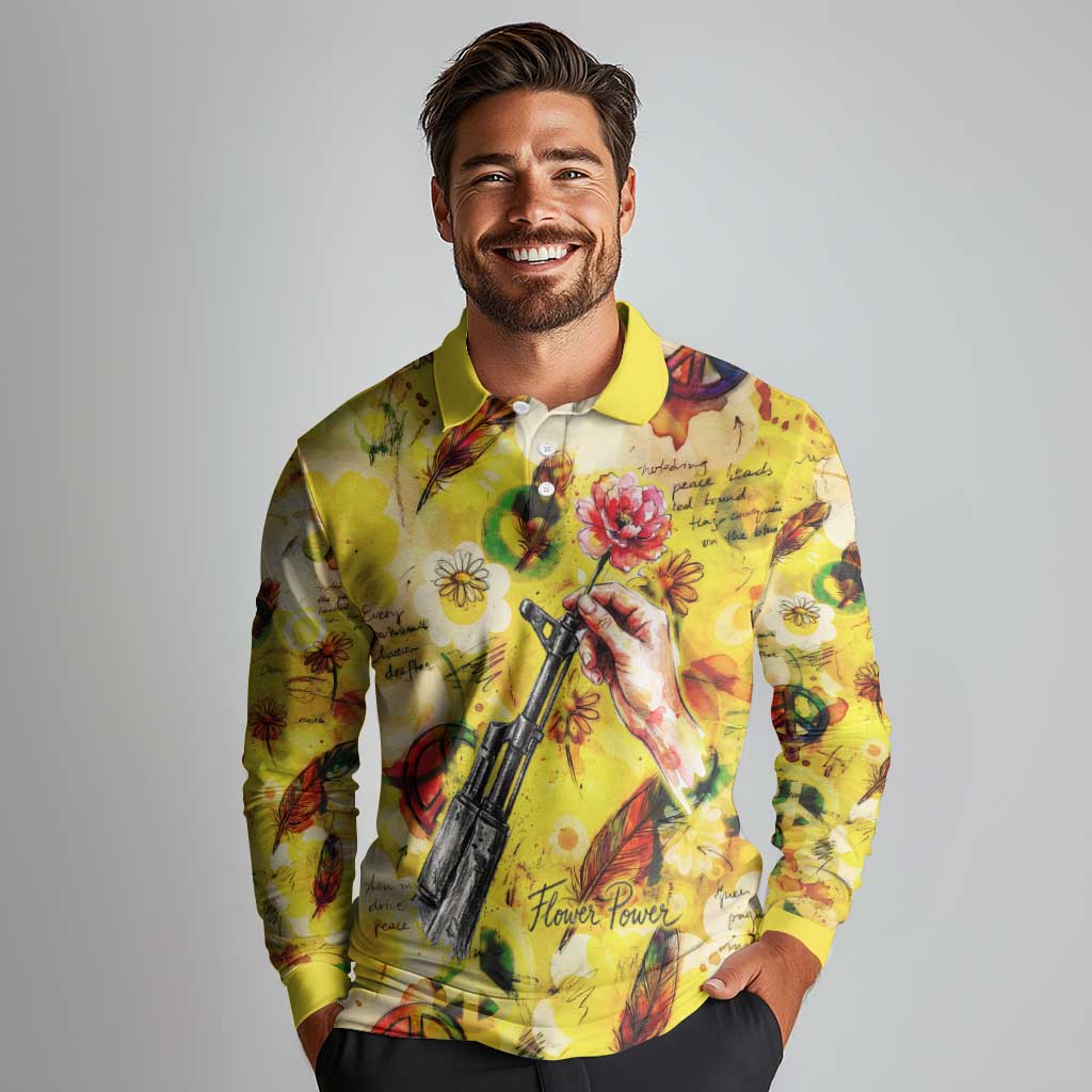 Make Love Not War Long Sleeve Polo Shirt Hippie Flower Power Revolution