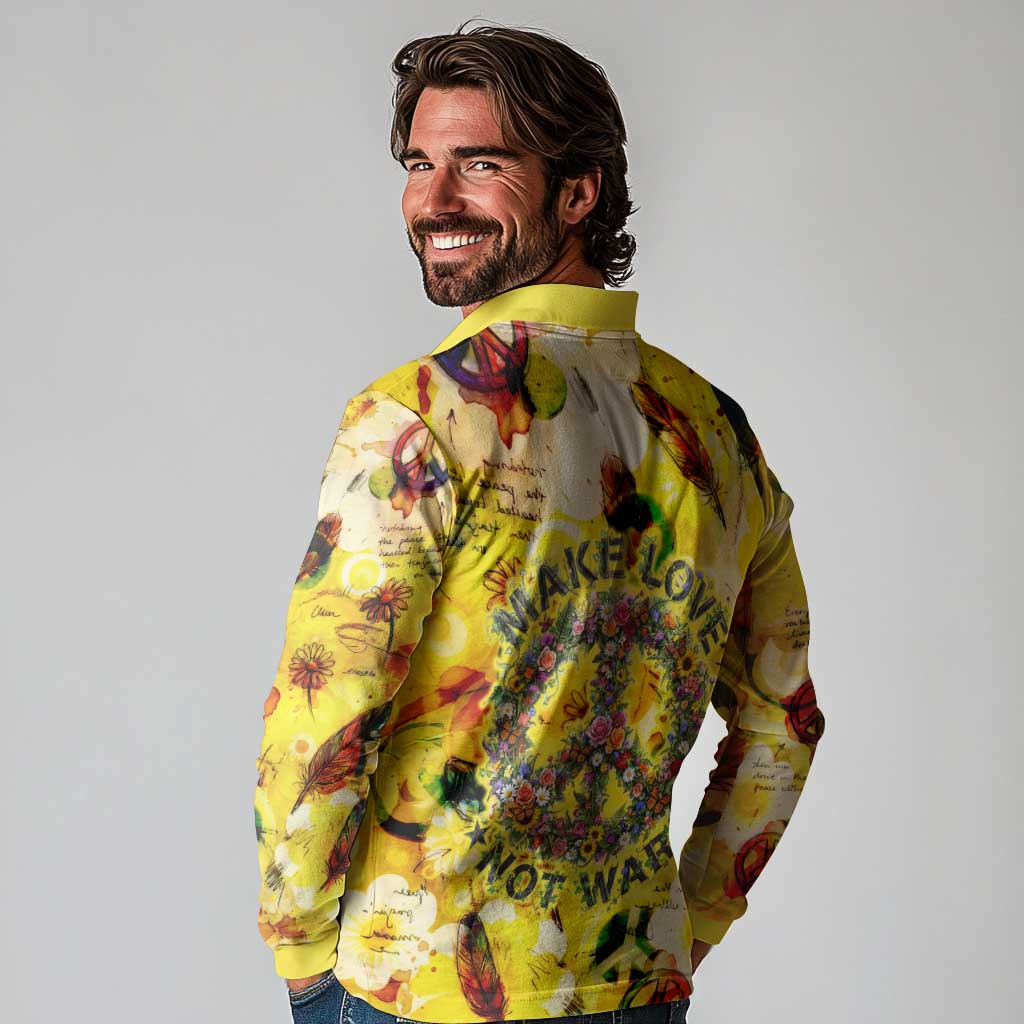 Make Love Not War Long Sleeve Polo Shirt Hippie Flower Power Revolution