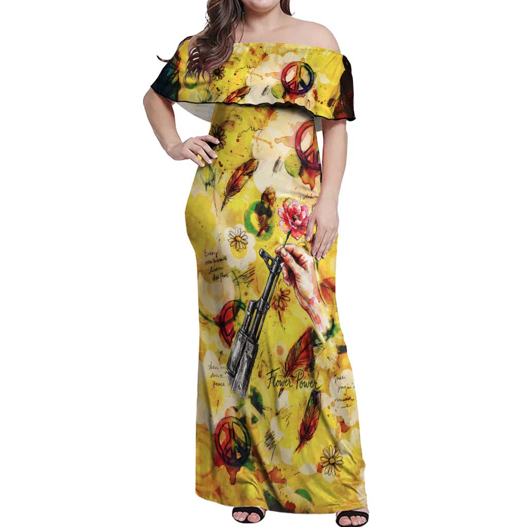 Make Love Not War Off Shoulder Maxi Dress Hippie Flower Power Revolution
