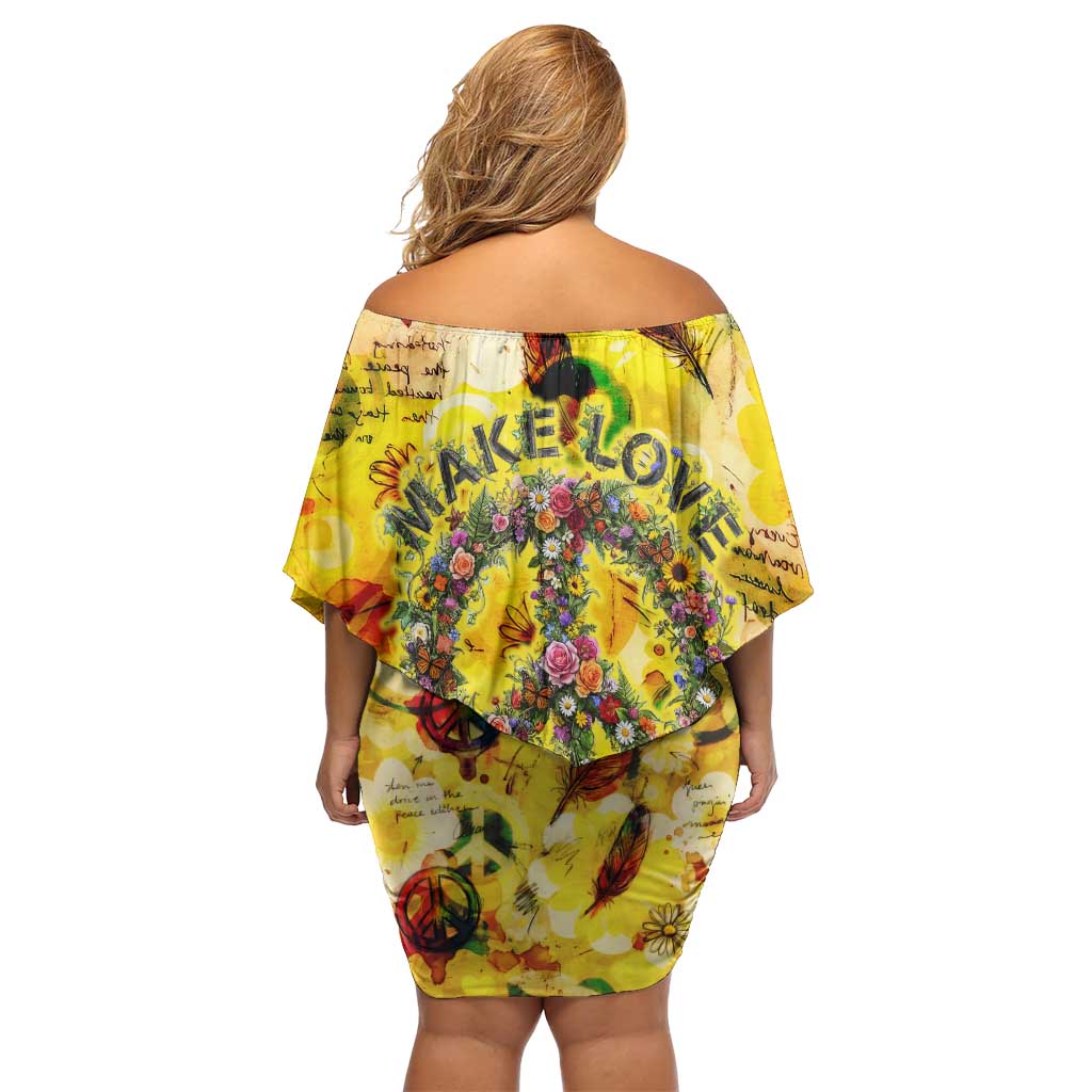 Make Love Not War Off Shoulder Short Dress Hippie Flower Power Revolution