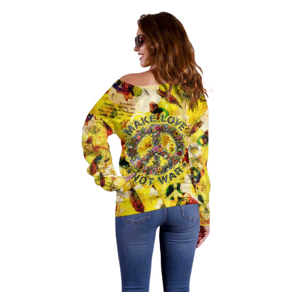 Make Love Not War Off Shoulder Sweater Hippie Flower Power Revolution