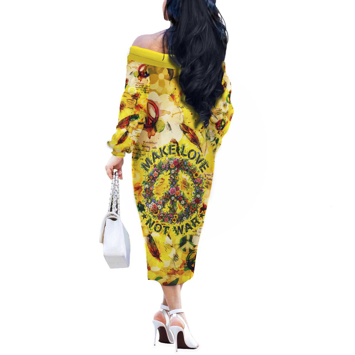 Make Love Not War Off The Shoulder Long Sleeve Dress Hippie Flower Power Revolution