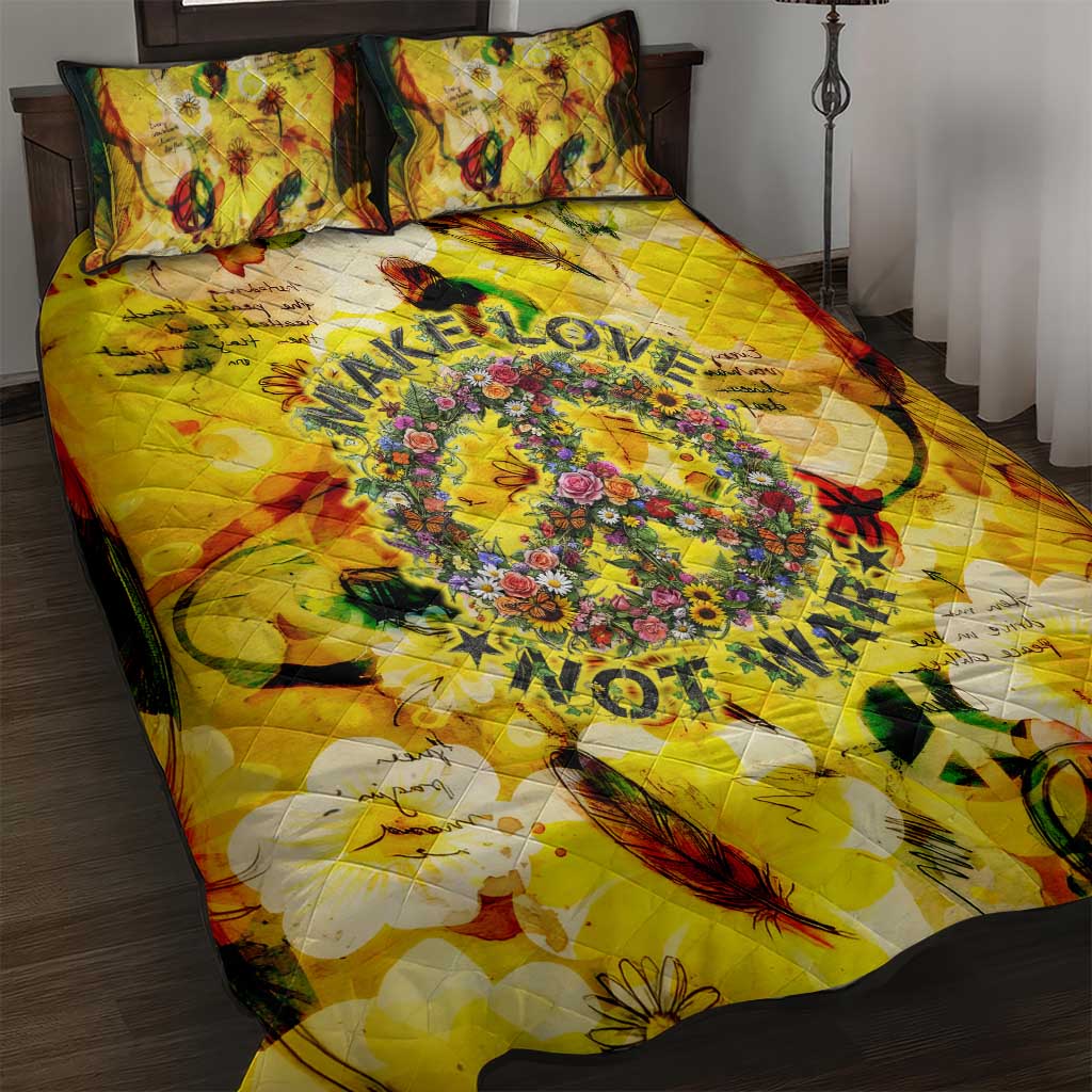 Make Love Not War Quilt Bed Set Hippie Flower Power Revolution