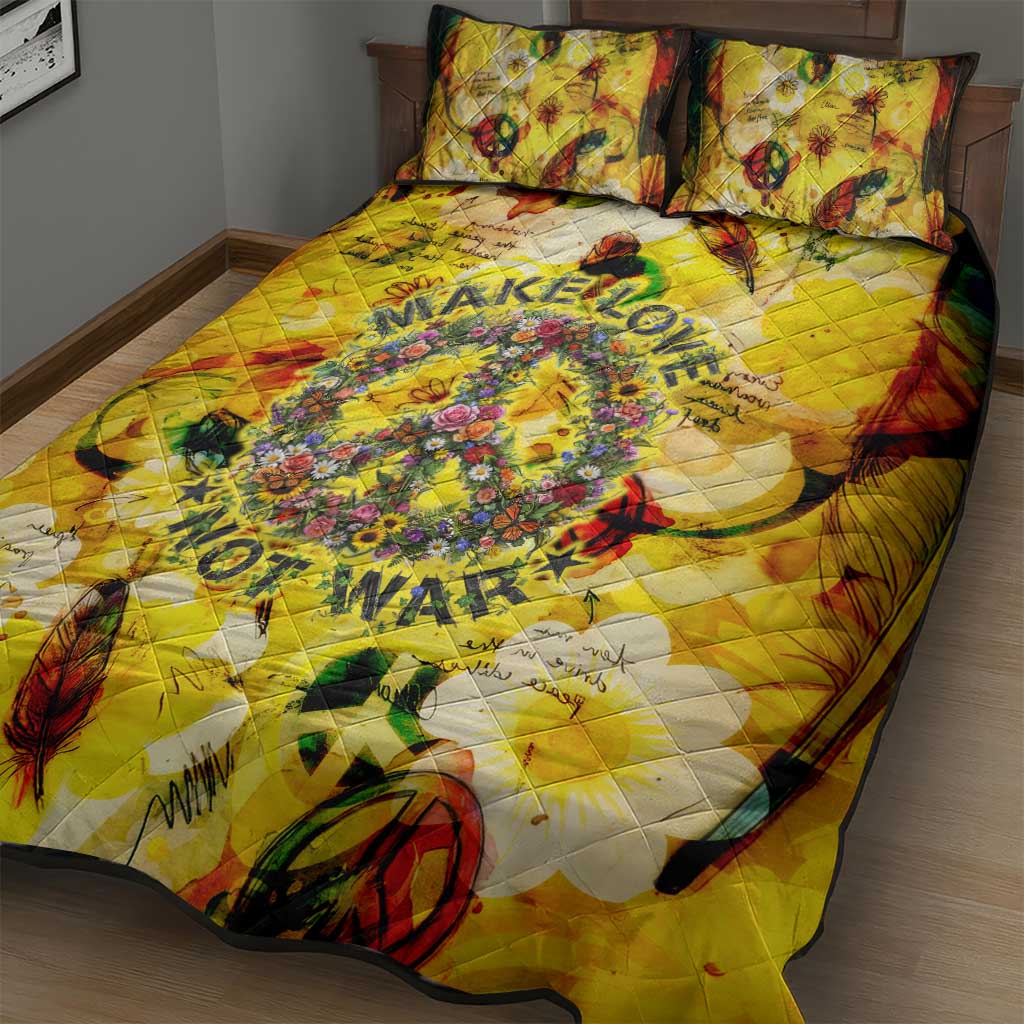 Make Love Not War Quilt Bed Set Hippie Flower Power Revolution