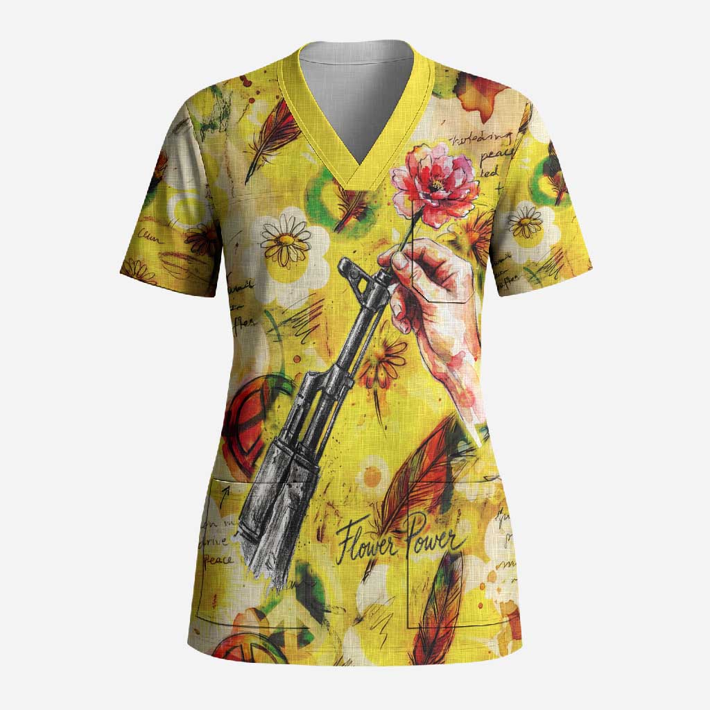 Make Love Not War Scrub Top Hippie Flower Power Revolution