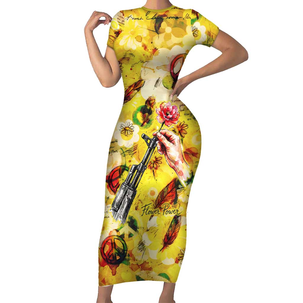 Make Love Not War Short Sleeve Bodycon Dress Hippie Flower Power Revolution