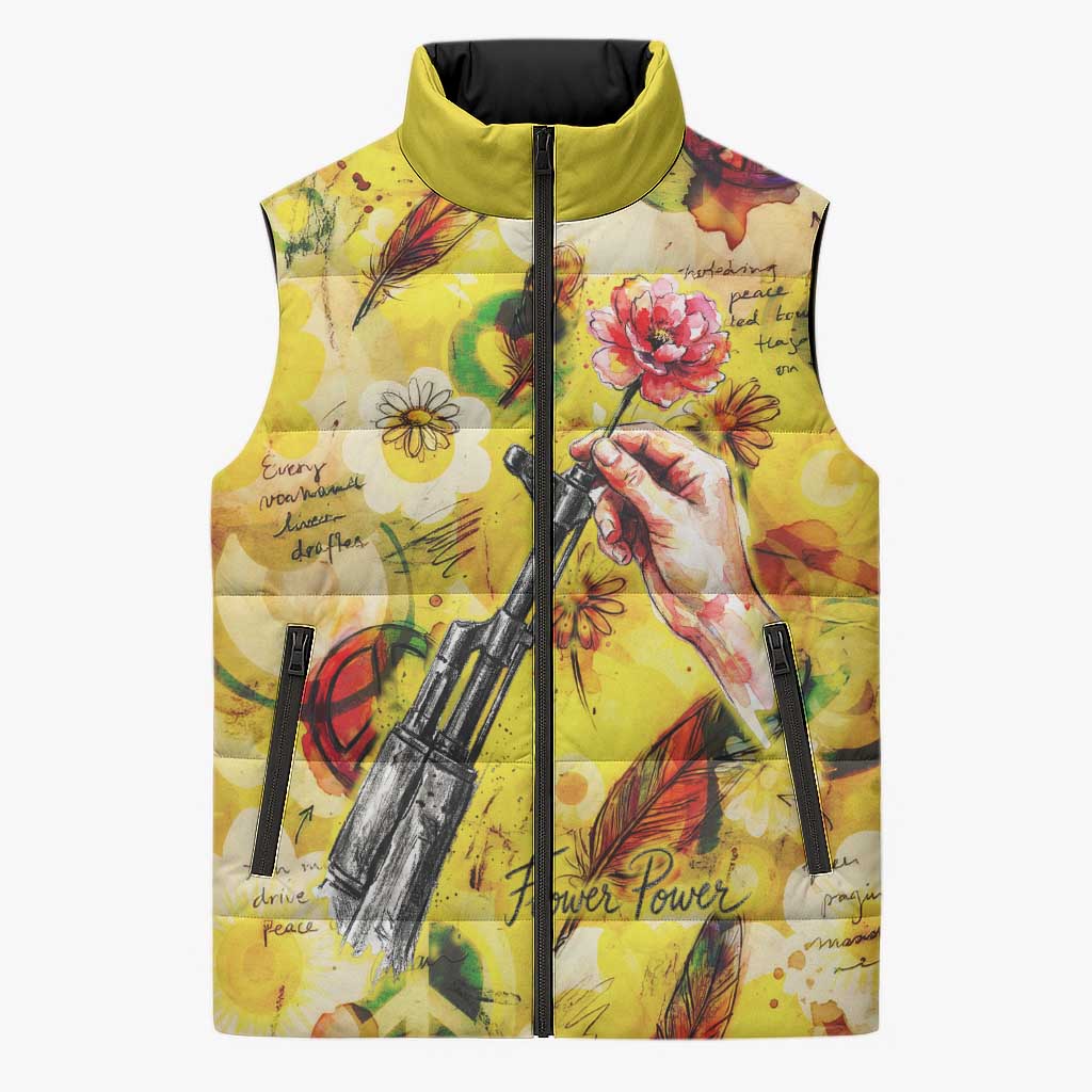 Make Love Not War Sleeveless Puffer Jacket Hippie Flower Power Revolution
