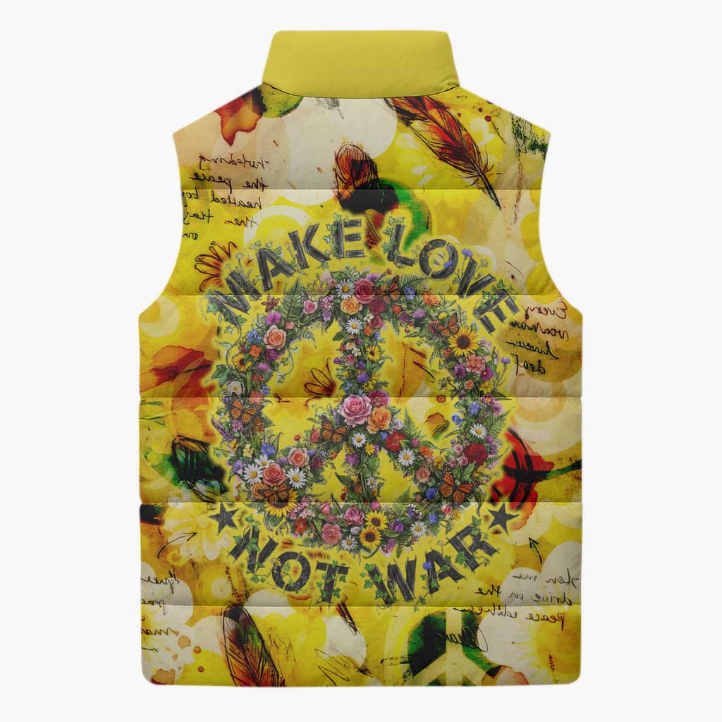 Make Love Not War Sleeveless Puffer Jacket Hippie Flower Power Revolution