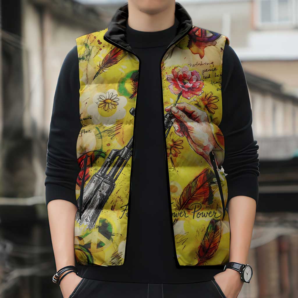 Make Love Not War Sleeveless Puffer Jacket Hippie Flower Power Revolution