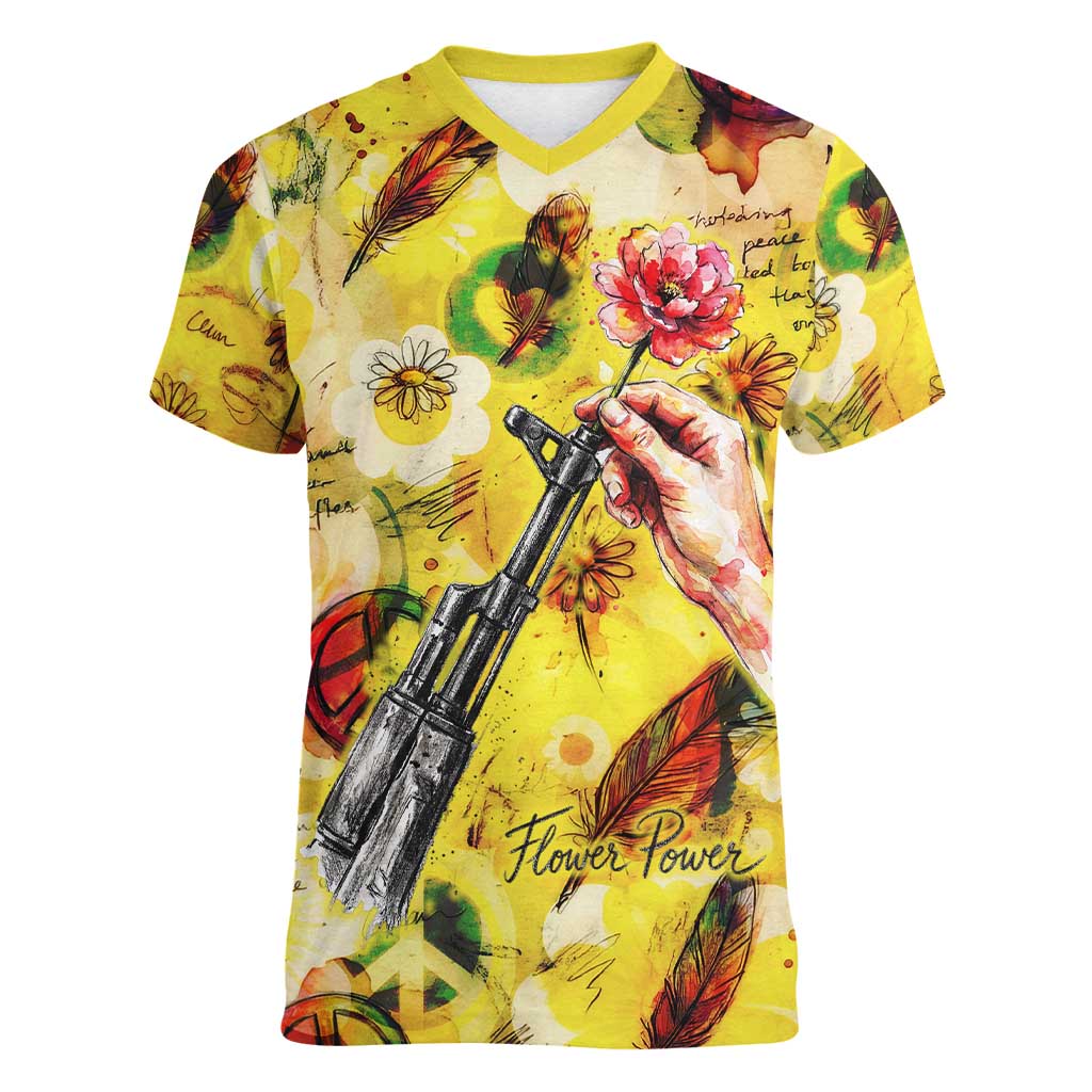 Make Love Not War Women V-Neck T-Shirt Hippie Flower Power Revolution