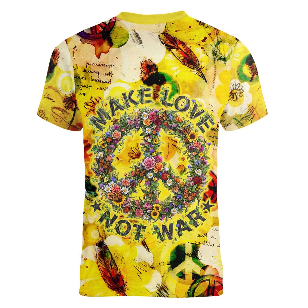 Make Love Not War Women V-Neck T-Shirt Hippie Flower Power Revolution