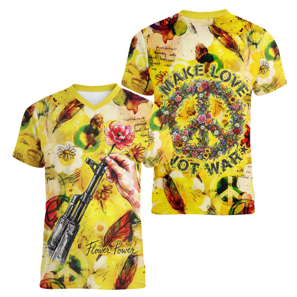 Make Love Not War Women V-Neck T-Shirt Hippie Flower Power Revolution