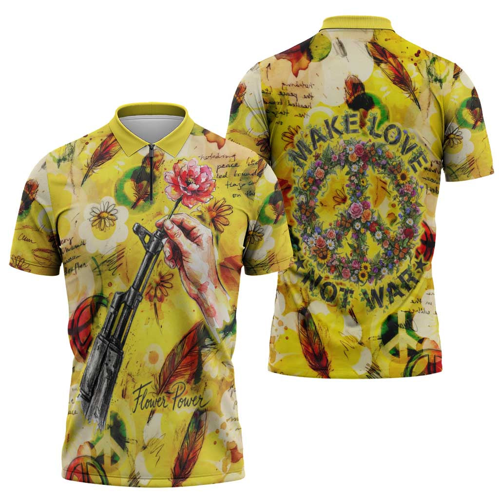 Make Love Not War Zipper Polo Shirt Hippie Flower Power Revolution