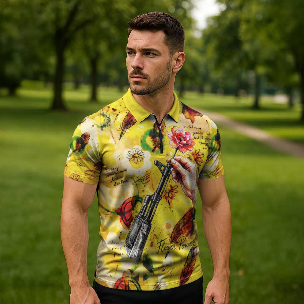 Make Love Not War Zipper Polo Shirt Hippie Flower Power Revolution