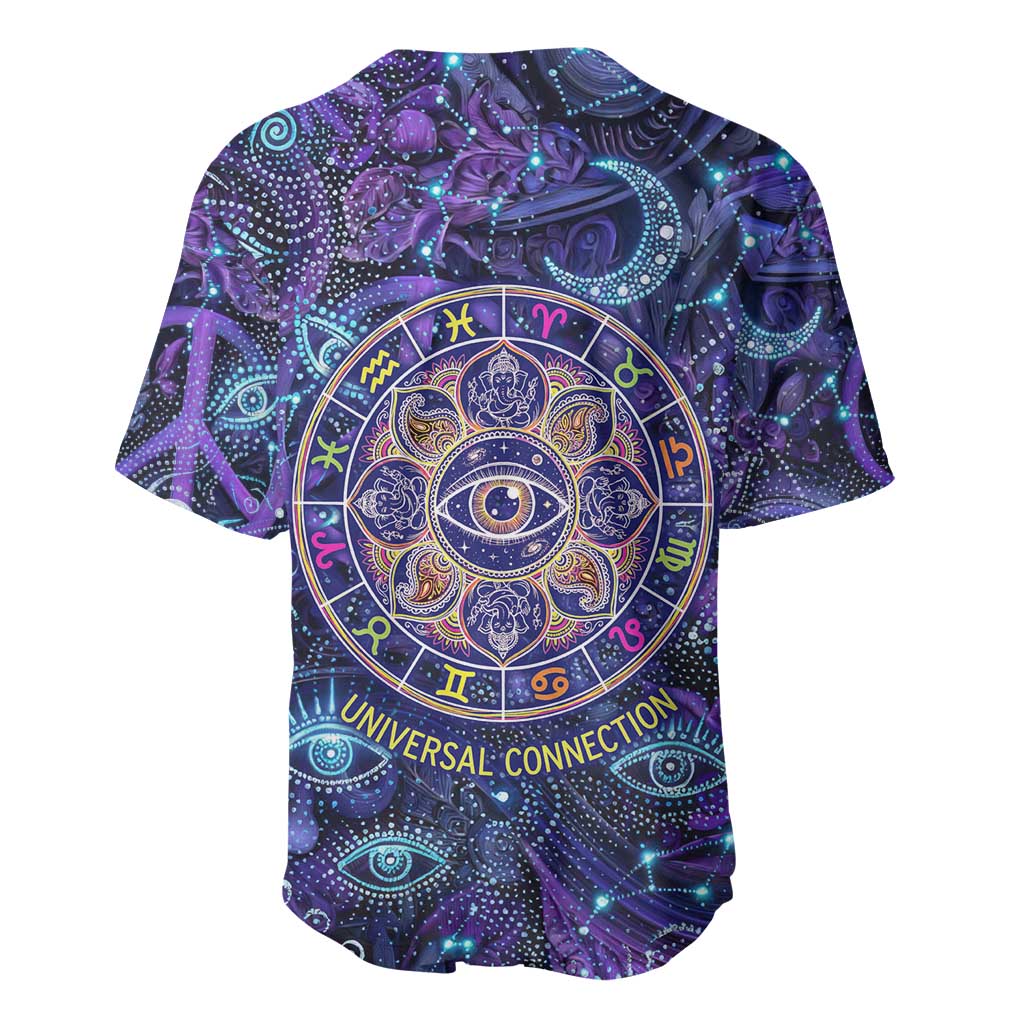 Universal Connection Zodiac Baseball Jersey Cosmic Eye and Sacred Om Vibration