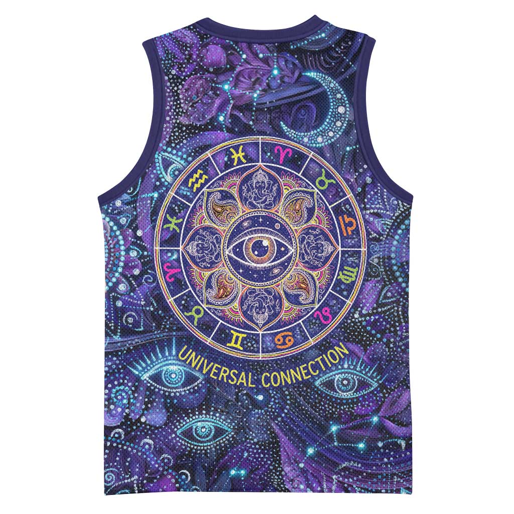 Universal Connection Zodiac Basketball Jersey Cosmic Eye and Sacred Om Vibration