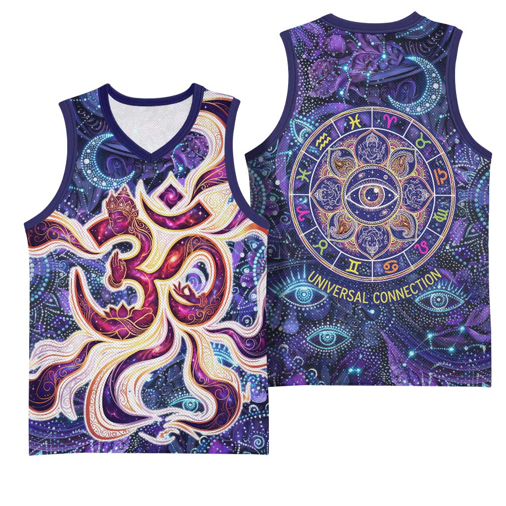 Universal Connection Zodiac Basketball Jersey Cosmic Eye and Sacred Om Vibration
