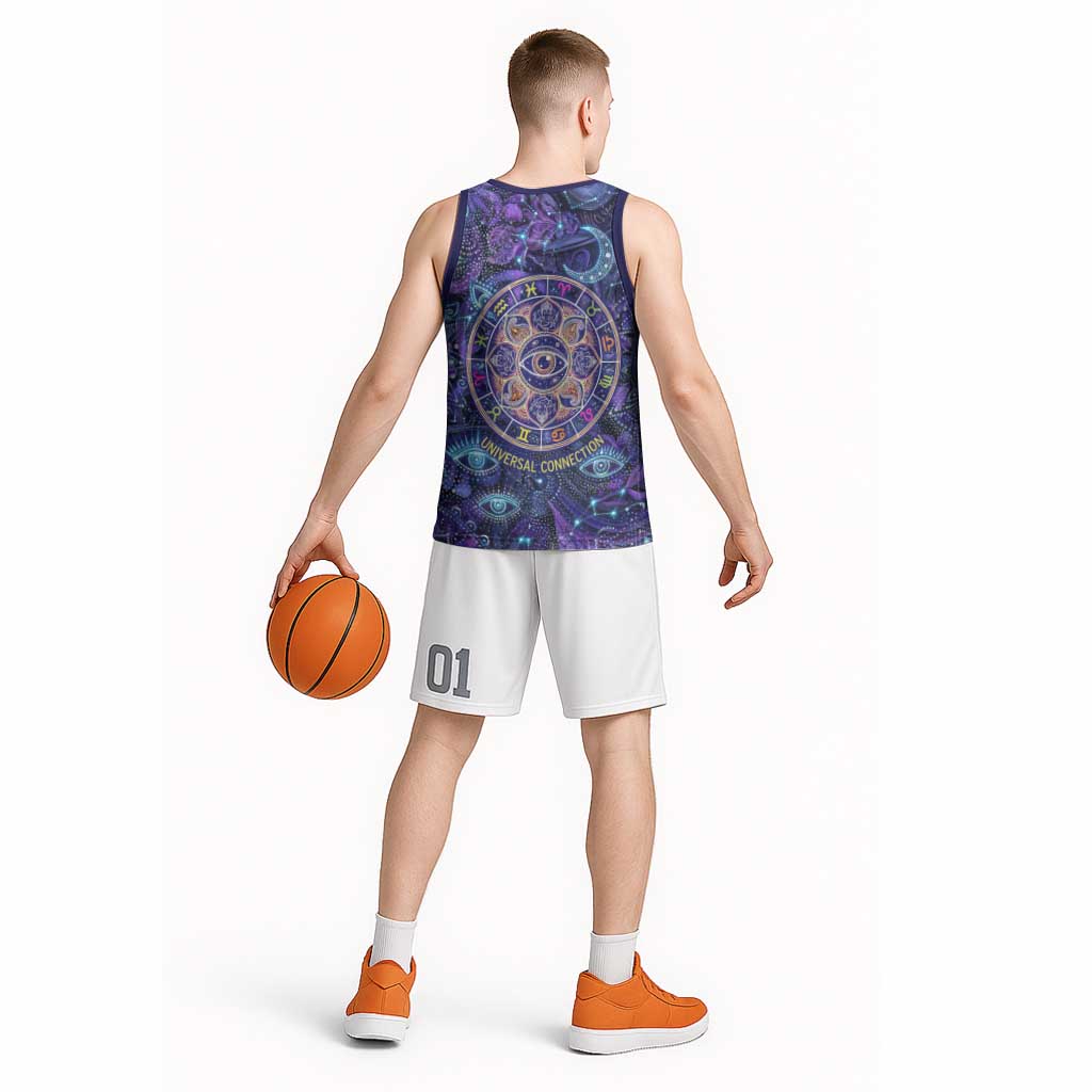 Universal Connection Zodiac Basketball Jersey Cosmic Eye and Sacred Om Vibration