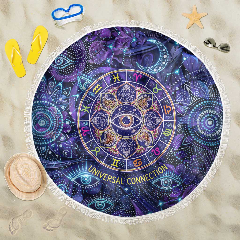 Universal Connection Zodiac Beach Blanket Cosmic Eye and Sacred Om Vibration