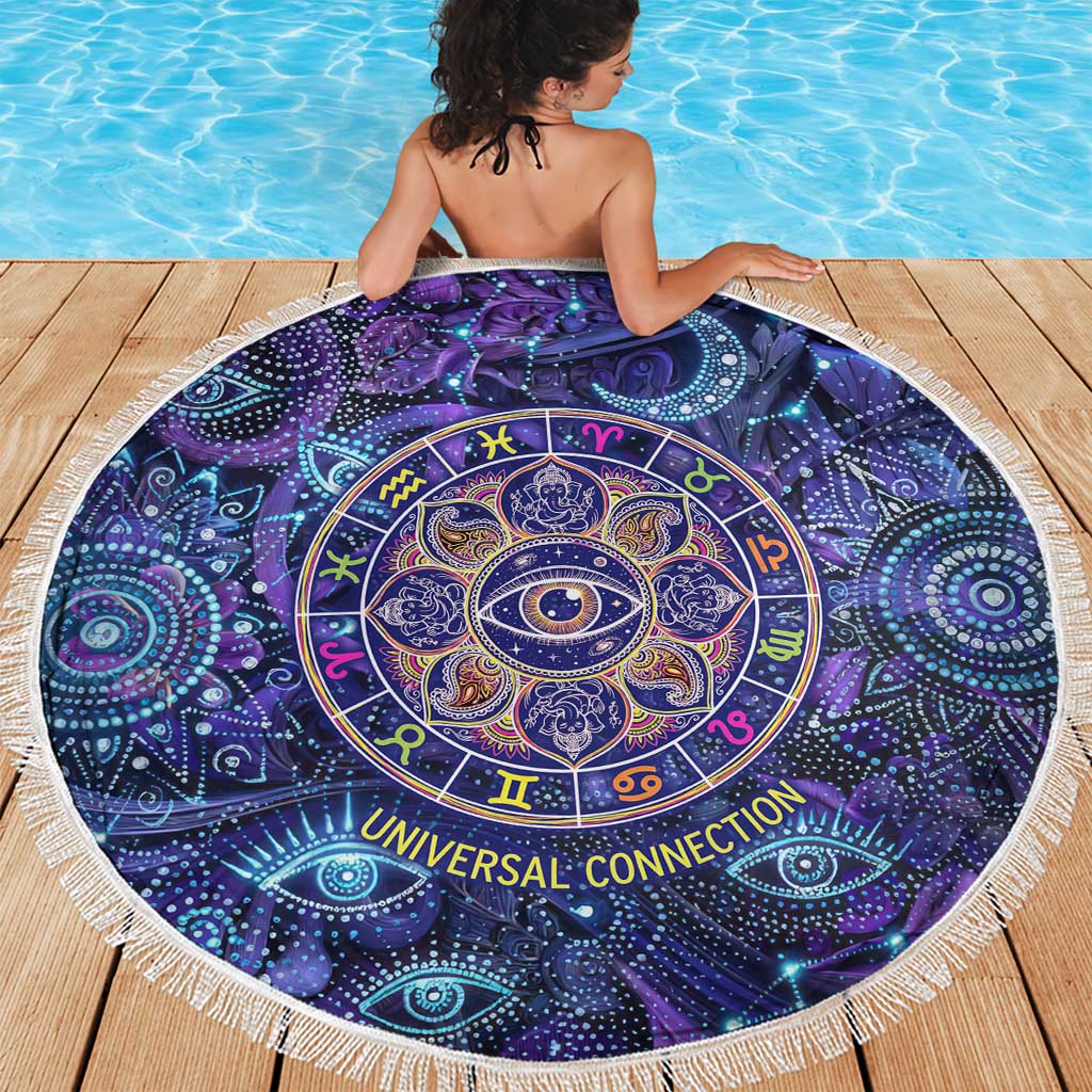 Universal Connection Zodiac Beach Blanket Cosmic Eye and Sacred Om Vibration
