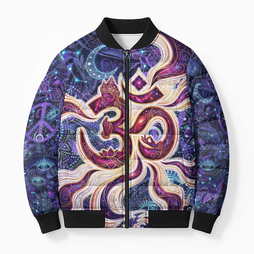 Universal Connection Zodiac Bomber Puffer Jacket Cosmic Eye and Sacred Om Vibration