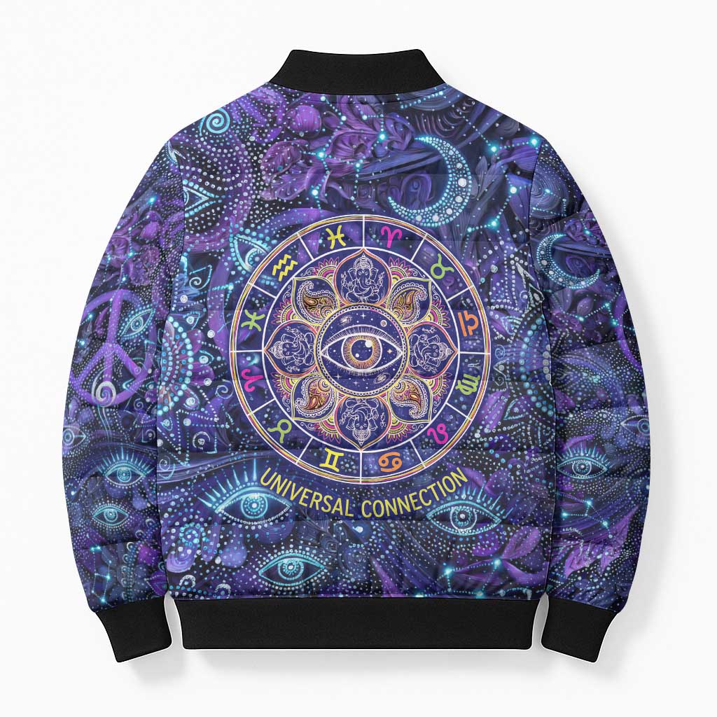 Universal Connection Zodiac Bomber Puffer Jacket Cosmic Eye and Sacred Om Vibration