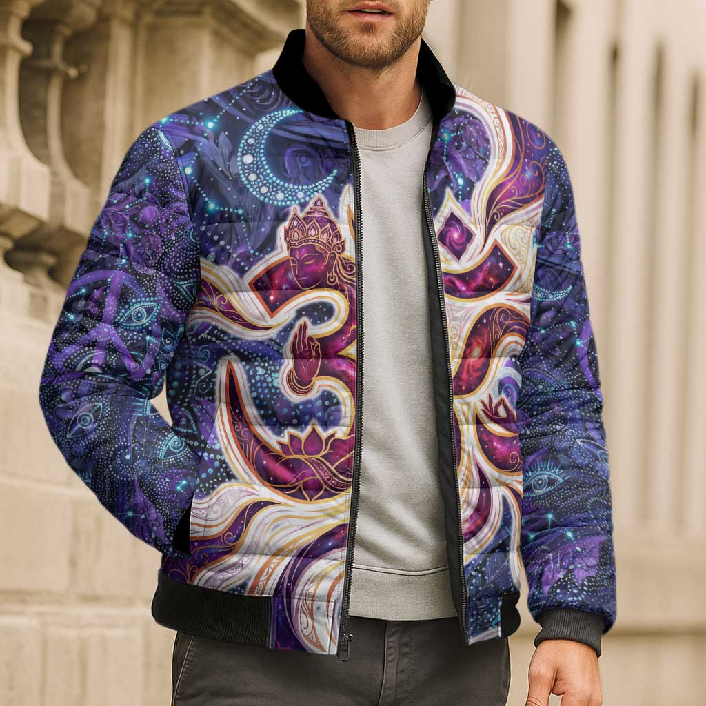 Universal Connection Zodiac Bomber Puffer Jacket Cosmic Eye and Sacred Om Vibration