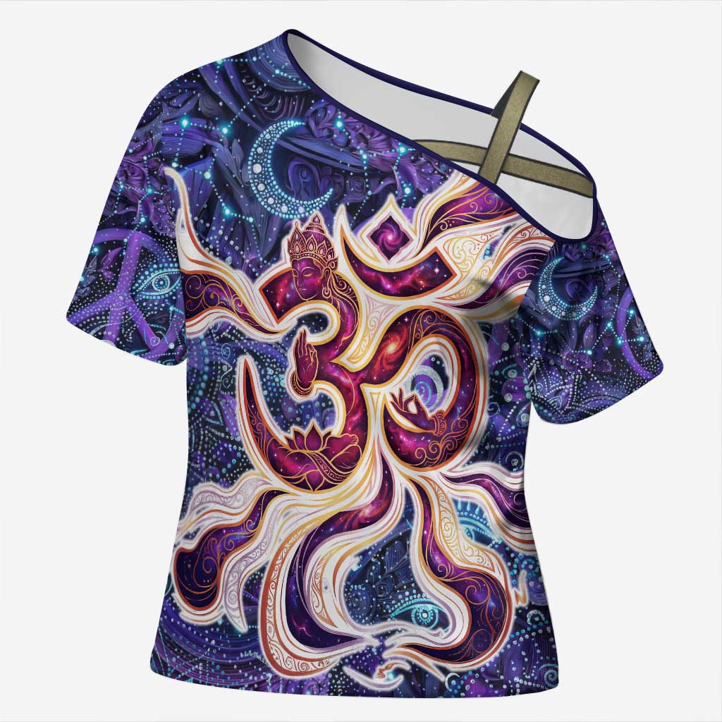 Universal Connection Zodiac Cross Shoulder Shirt Cosmic Eye and Sacred Om Vibration