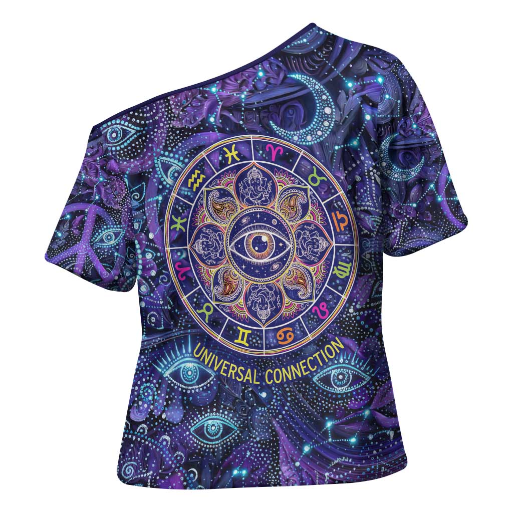 Universal Connection Zodiac Cross Shoulder Shirt Cosmic Eye and Sacred Om Vibration