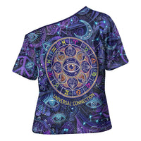 Universal Connection Zodiac Cross Shoulder Shirt Cosmic Eye and Sacred Om Vibration