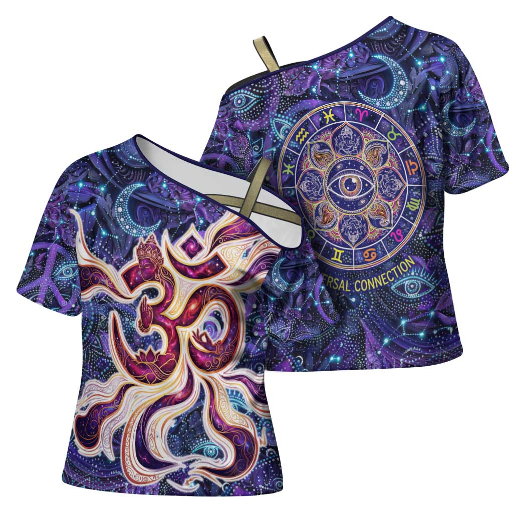 Universal Connection Zodiac Cross Shoulder Shirt Cosmic Eye and Sacred Om Vibration