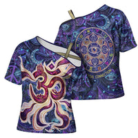 Universal Connection Zodiac Cross Shoulder Shirt Cosmic Eye and Sacred Om Vibration