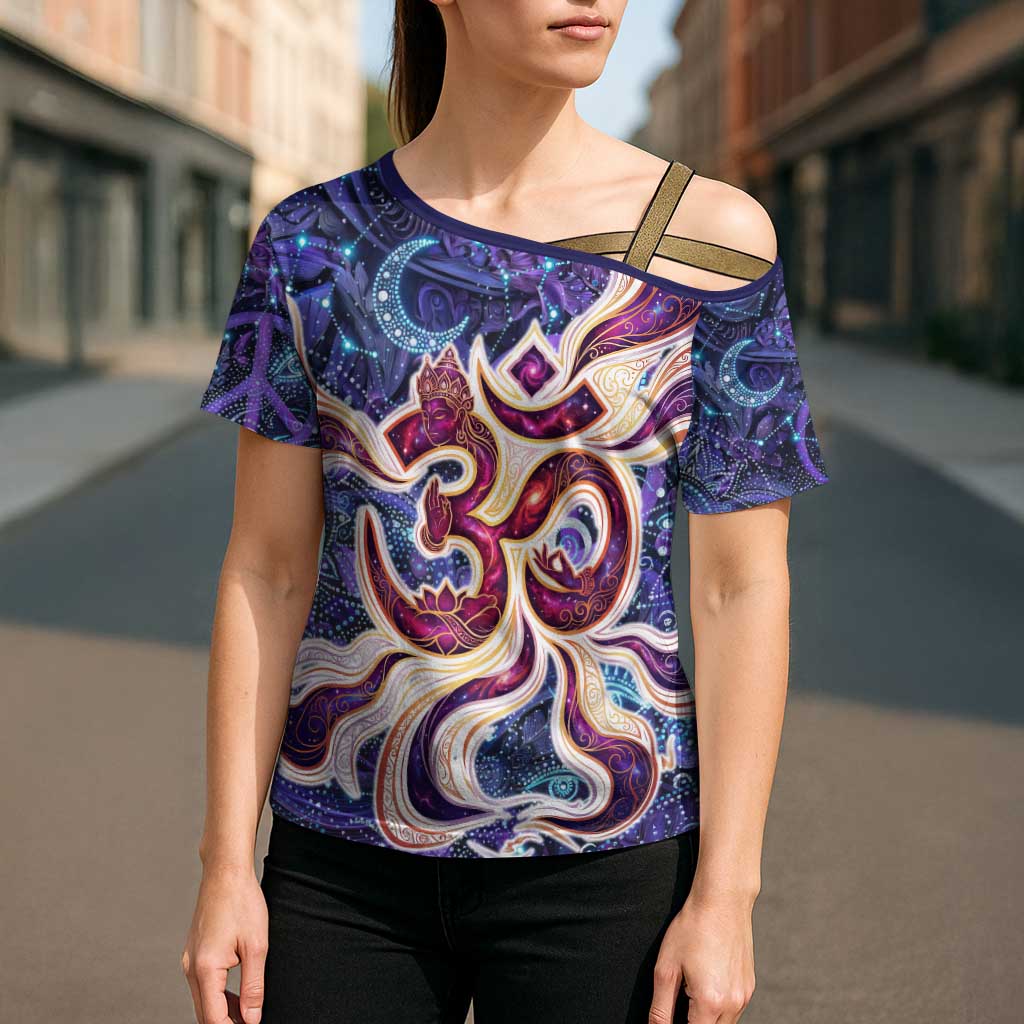 Universal Connection Zodiac Cross Shoulder Shirt Cosmic Eye and Sacred Om Vibration
