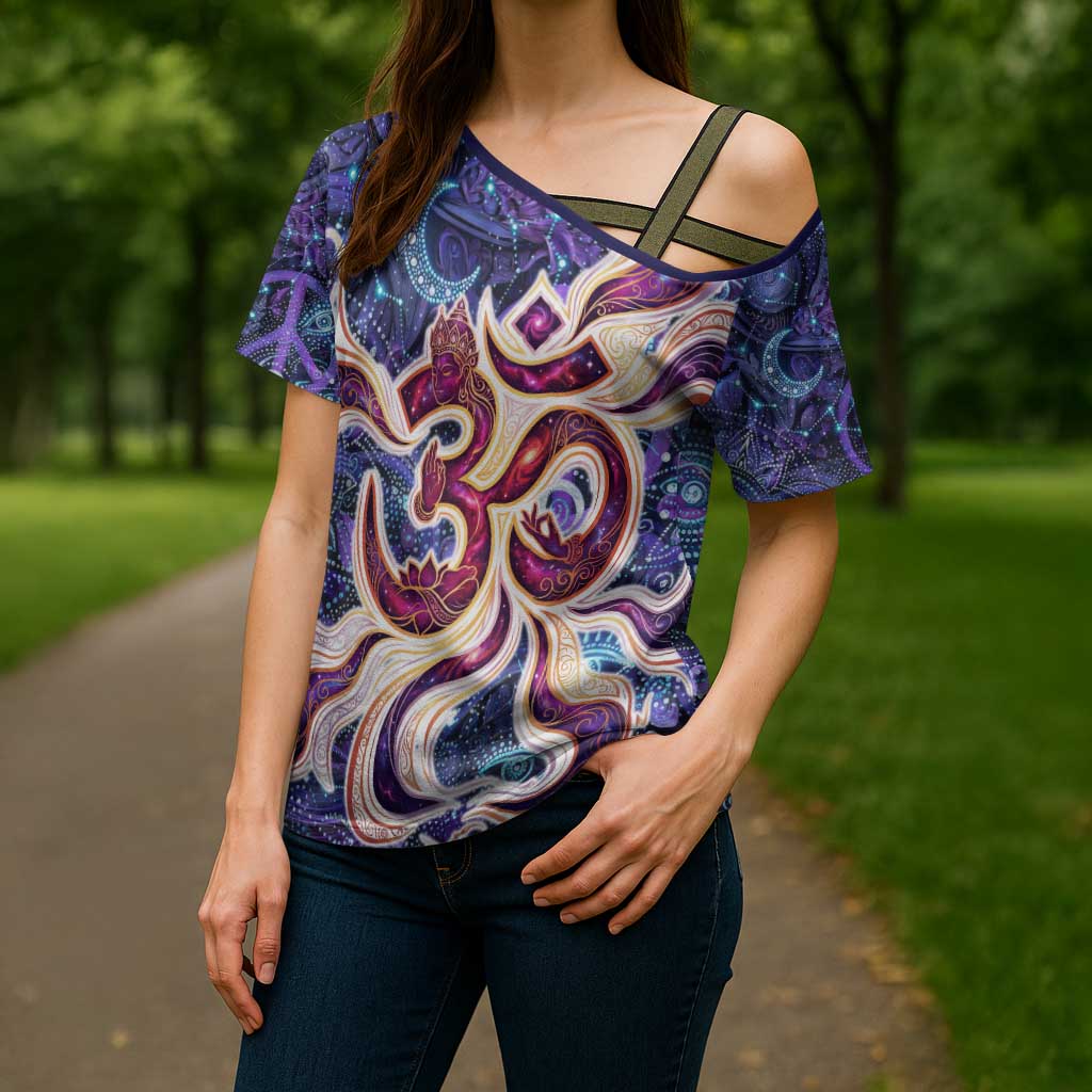 Universal Connection Zodiac Cross Shoulder Shirt Cosmic Eye and Sacred Om Vibration
