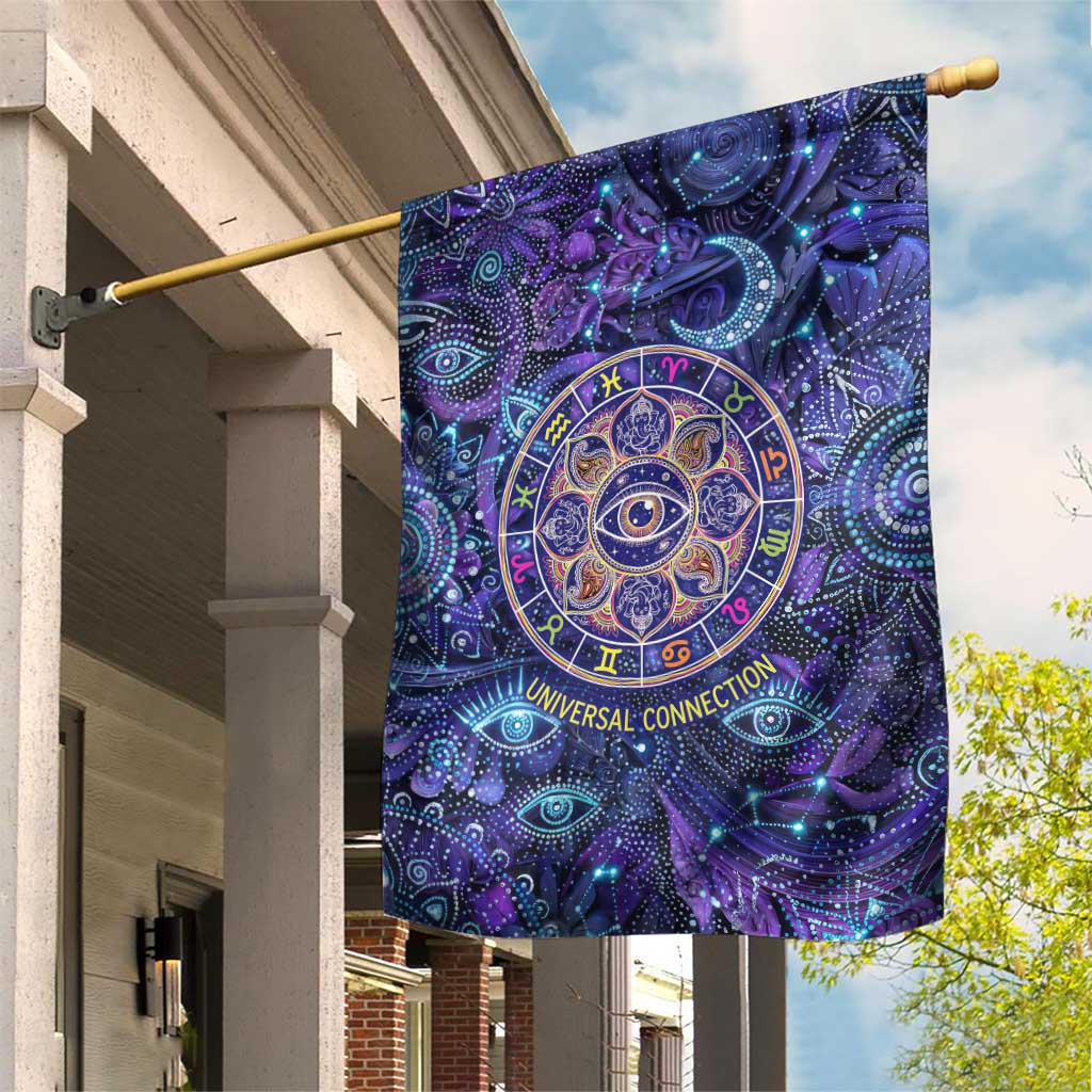 Universal Connection Zodiac Garden Flag Cosmic Eye and Sacred Om Vibration