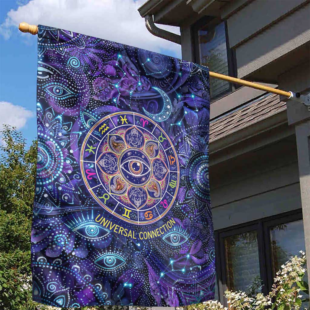 Universal Connection Zodiac Garden Flag Cosmic Eye and Sacred Om Vibration