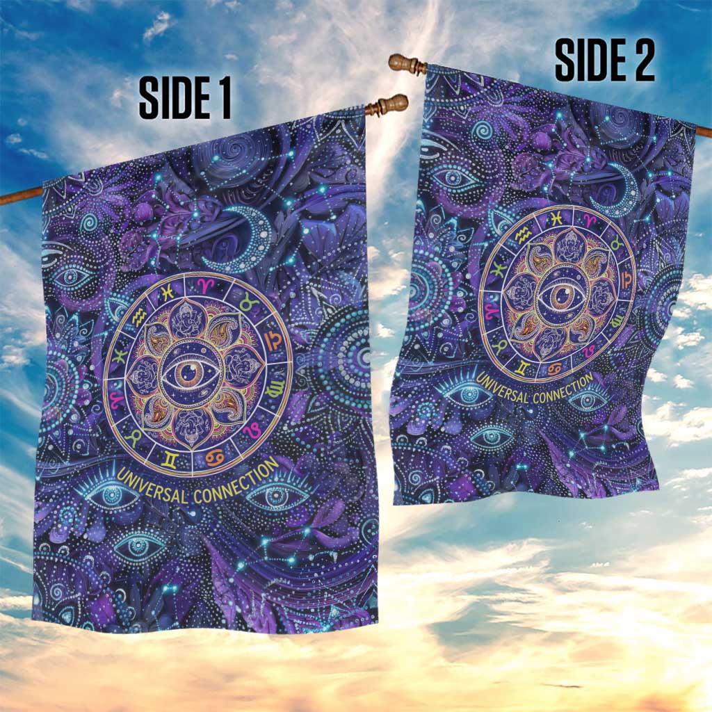 Universal Connection Zodiac Garden Flag Cosmic Eye and Sacred Om Vibration