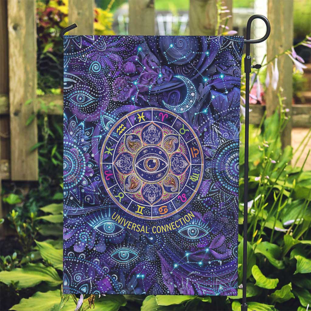 Universal Connection Zodiac Garden Flag Cosmic Eye and Sacred Om Vibration