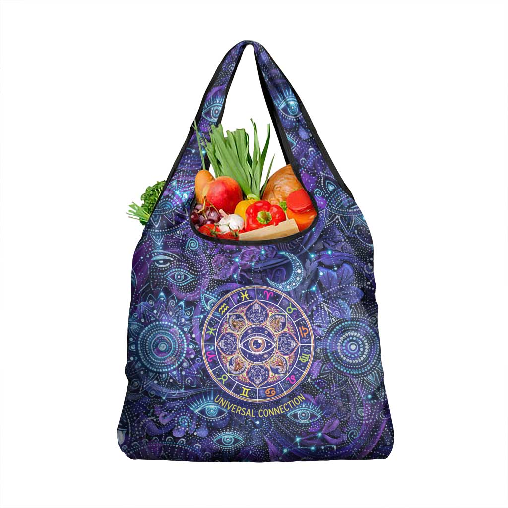 Universal Connection Zodiac Grocery Bag Cosmic Eye and Sacred Om Vibration