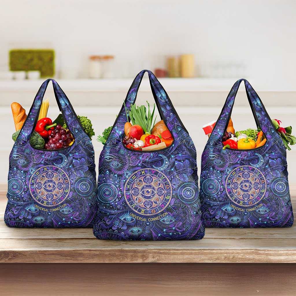 Universal Connection Zodiac Grocery Bag Cosmic Eye and Sacred Om Vibration