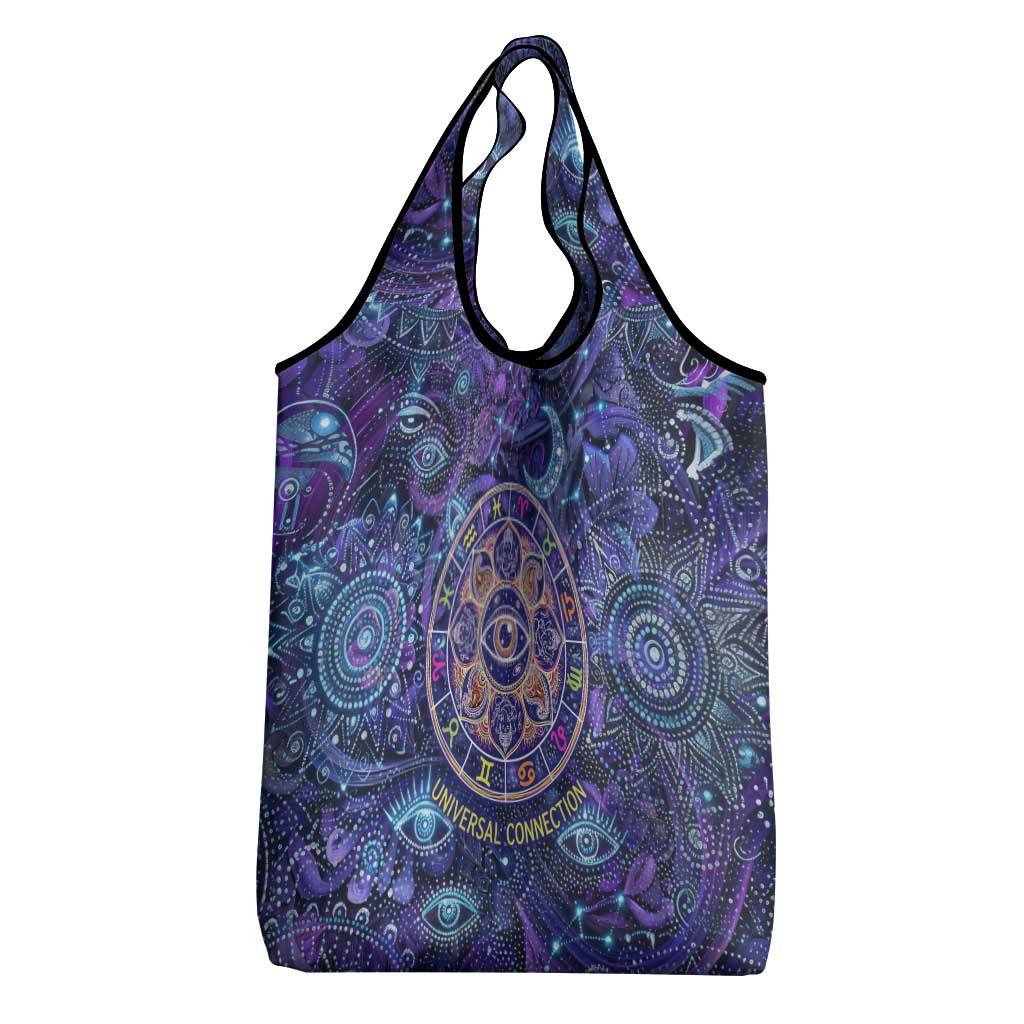 Universal Connection Zodiac Grocery Bag Cosmic Eye and Sacred Om Vibration