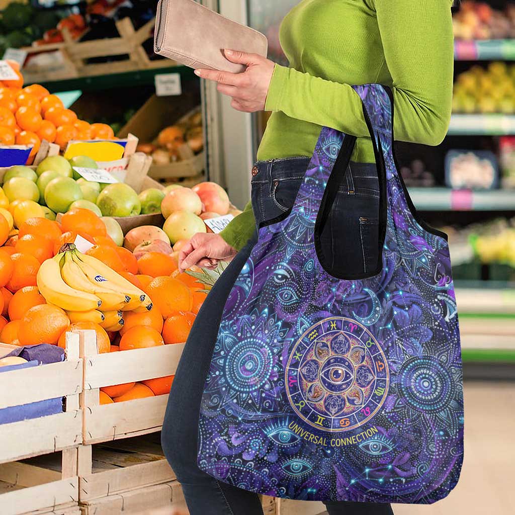 Universal Connection Zodiac Grocery Bag Cosmic Eye and Sacred Om Vibration