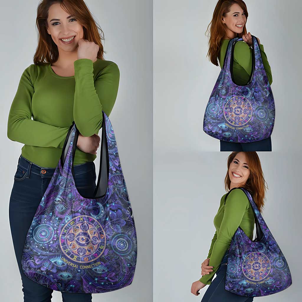 Universal Connection Zodiac Grocery Bag Cosmic Eye and Sacred Om Vibration
