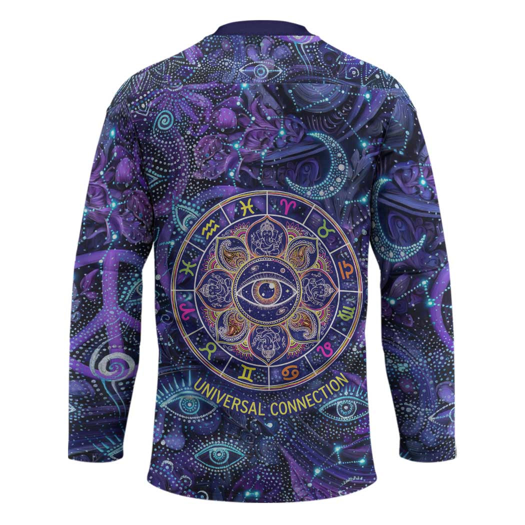 Universal Connection Zodiac Hockey Jersey Cosmic Eye and Sacred Om Vibration