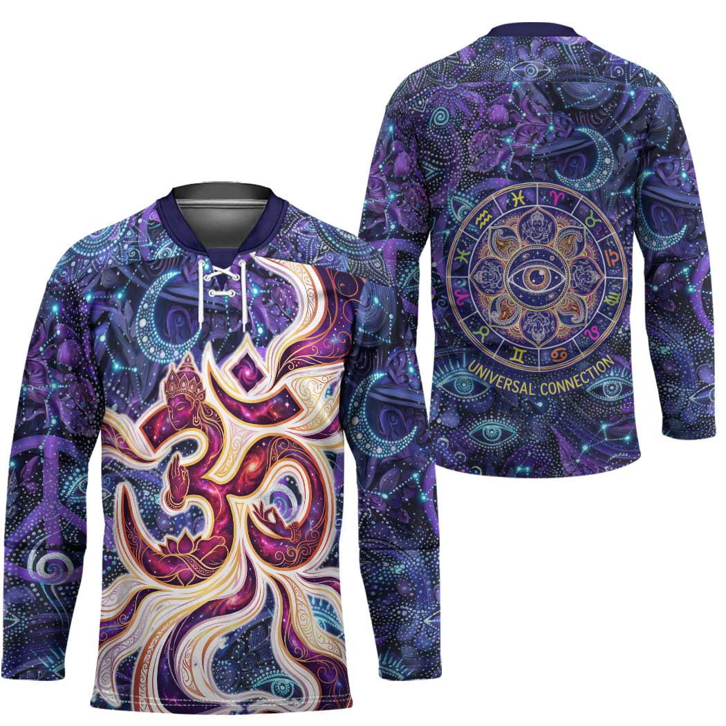 Universal Connection Zodiac Hockey Jersey Cosmic Eye and Sacred Om Vibration