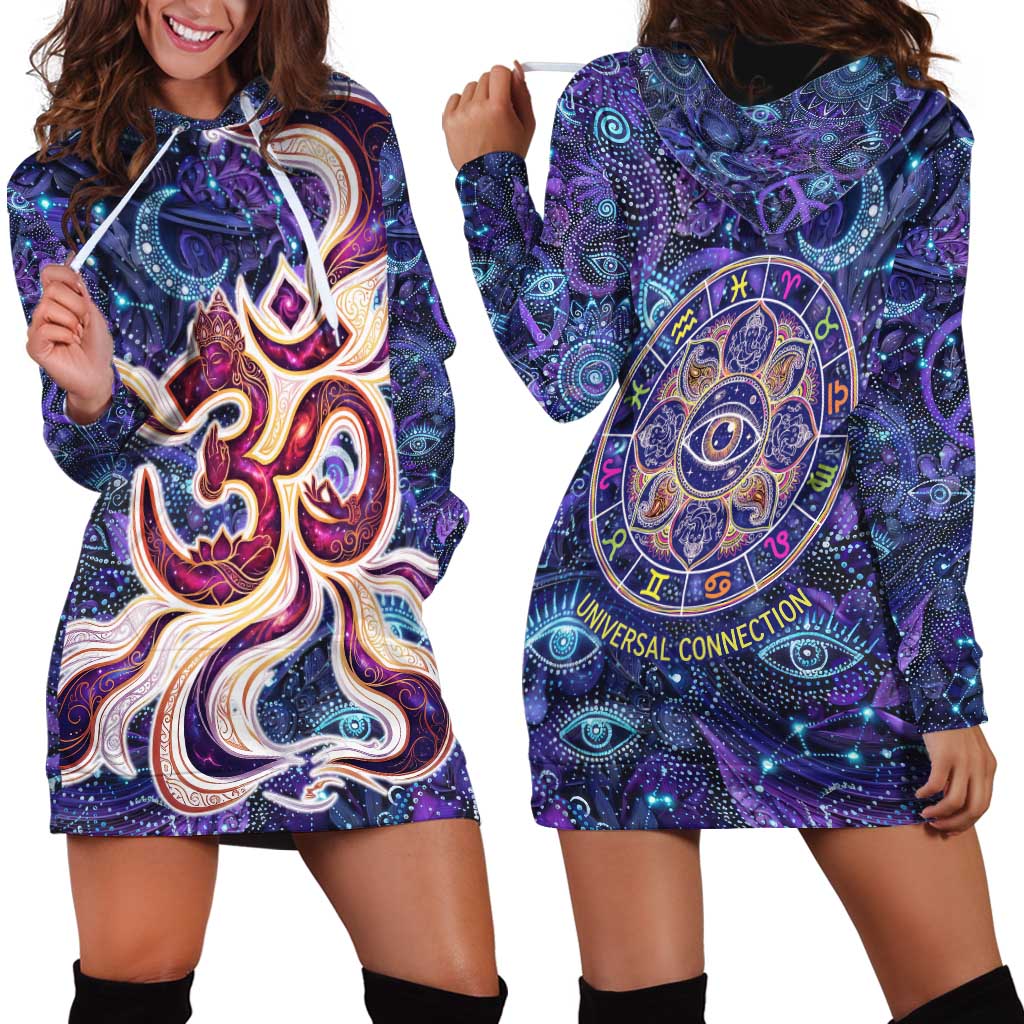 Universal Connection Zodiac Hoodie Dress Cosmic Eye and Sacred Om Vibration