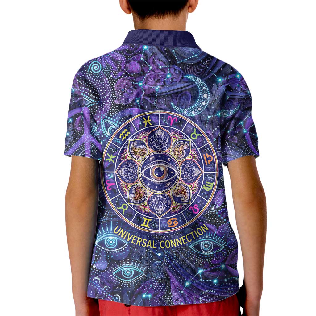 Universal Connection Zodiac Kid Polo Shirt Cosmic Eye and Sacred Om Vibration