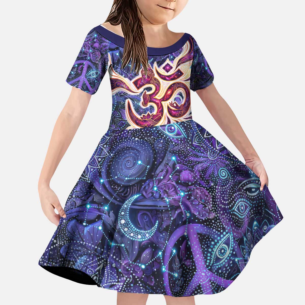 Universal Connection Zodiac Kid Short Sleeve Dress Cosmic Eye and Sacred Om Vibration