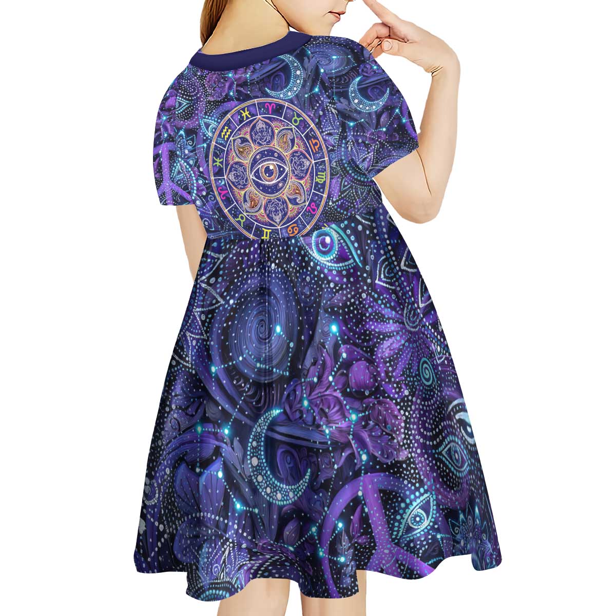Universal Connection Zodiac Kid Short Sleeve Dress Cosmic Eye and Sacred Om Vibration